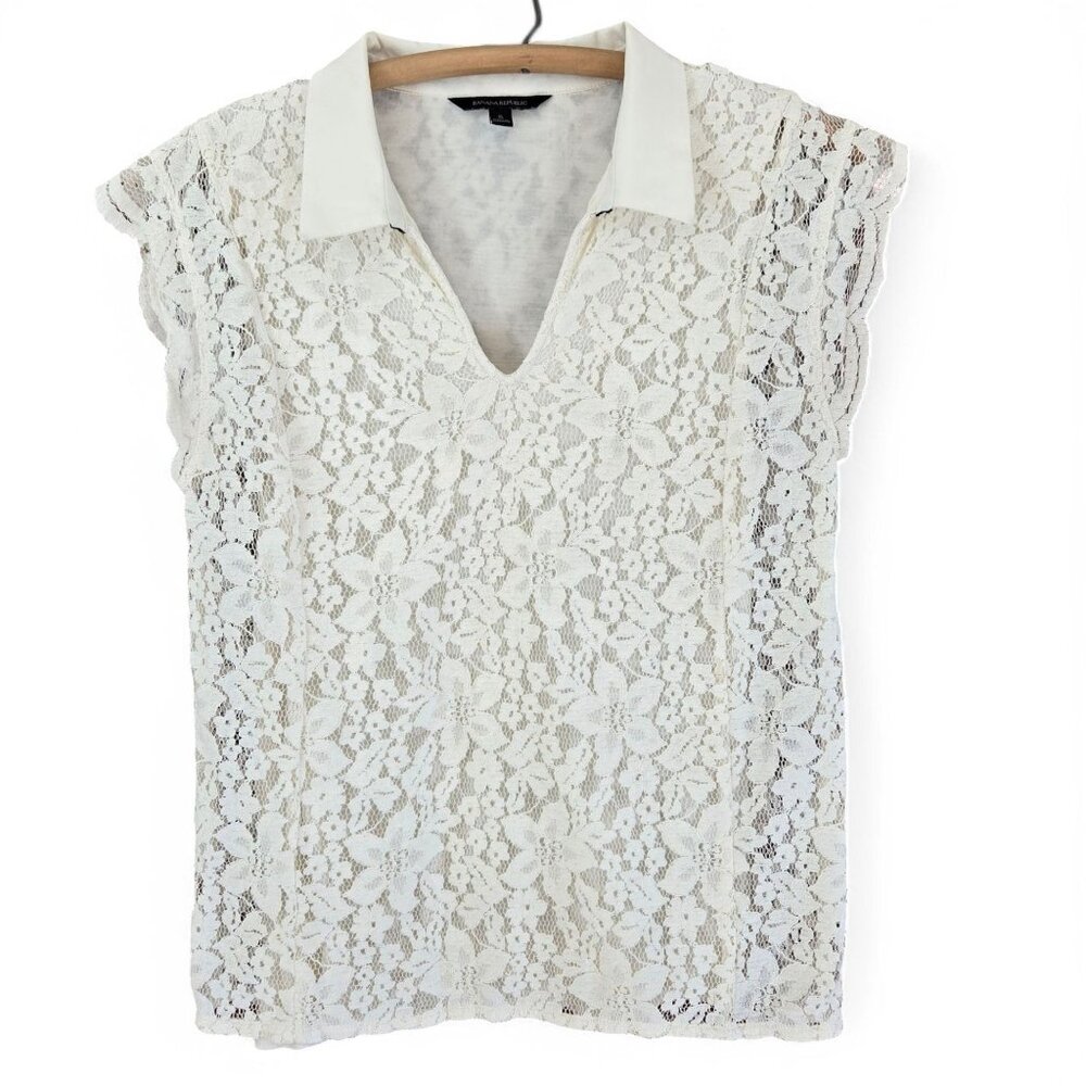 Banana Republic Lace Top Floral Overlay Collared Ivory White Womens Size Small